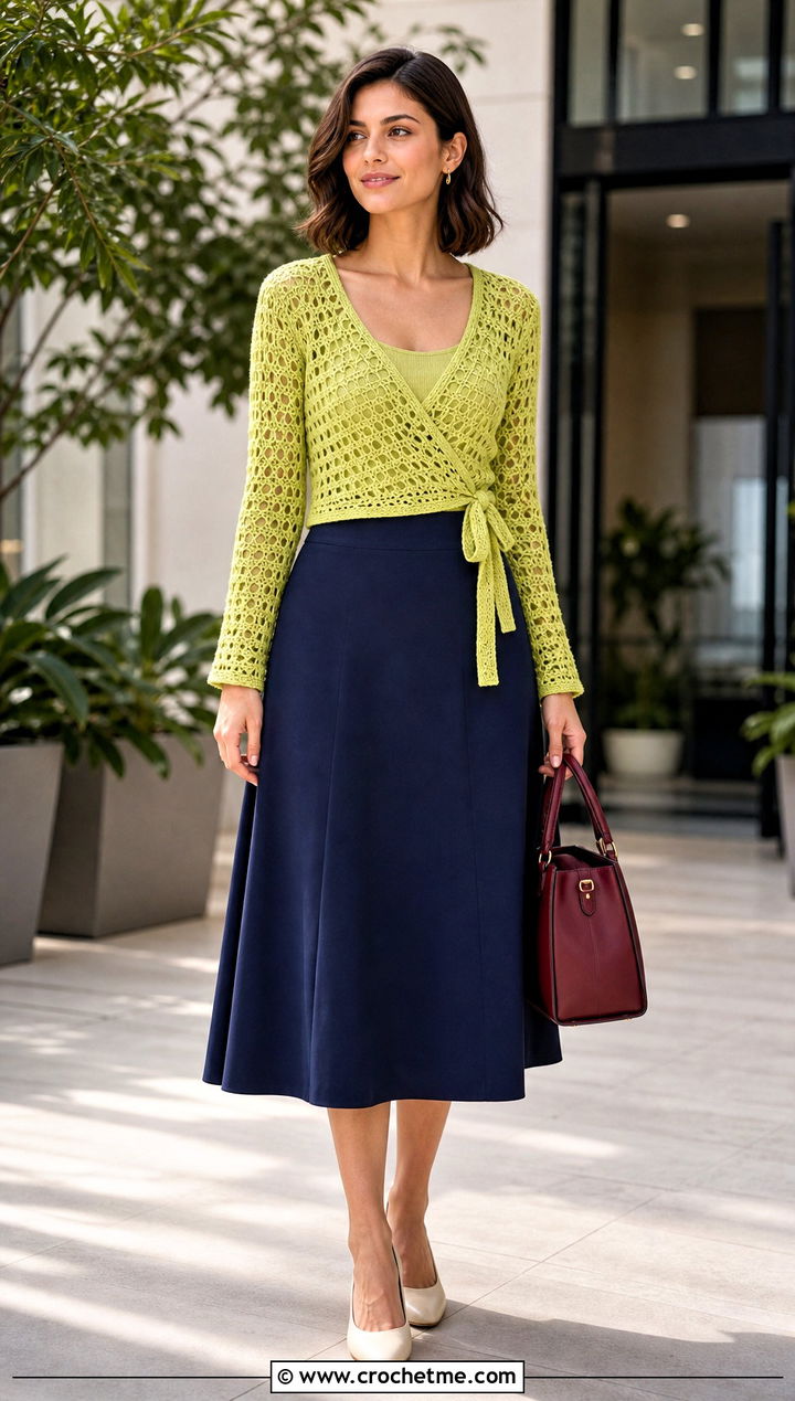 Wrap Crochet Long Sleeve Top With A Line Skirt - 35 crochet long sleeve tops outfit ideas