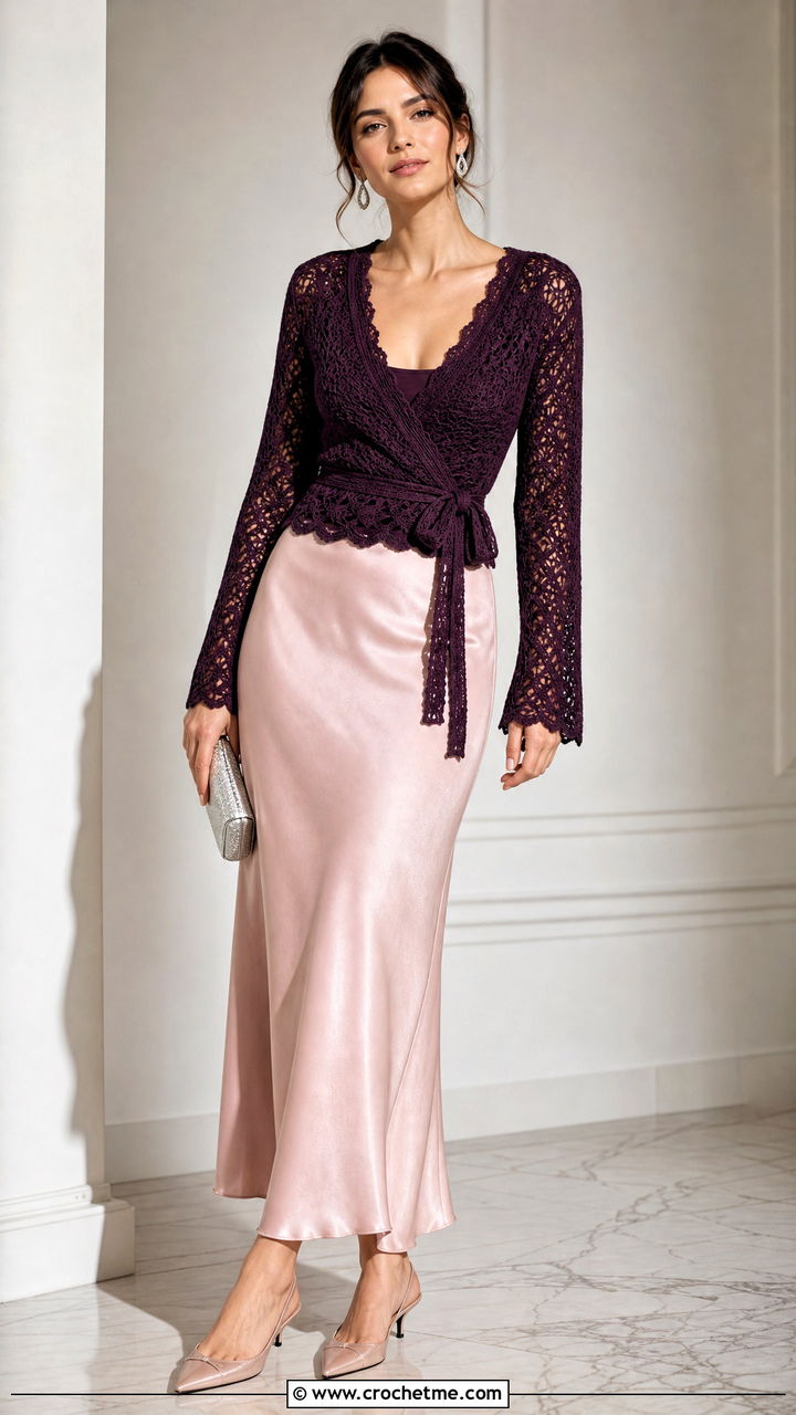 Wrap Crochet Long Sleeve Top With Slip Skirt - 35 crochet long sleeve top outfit ideas