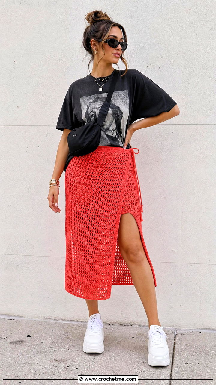 Wrap Crochet Midi Skirt With Graphic T Shirt - 35 crochet midi skirt outfit ideas