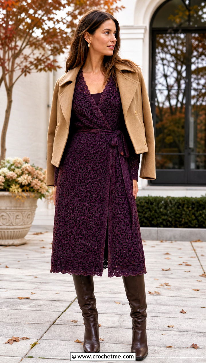 Wrap Crochet Nightgown With Tall Boots - 35 crochet nightgown outfit ideas