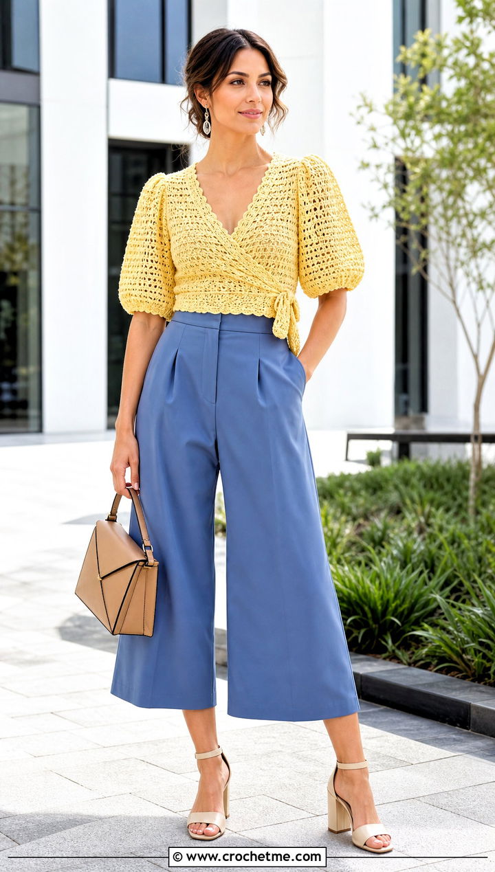 Wrap Crochet Puff Top With High Waisted Culottes - 35 crochet puff top outfit ideas