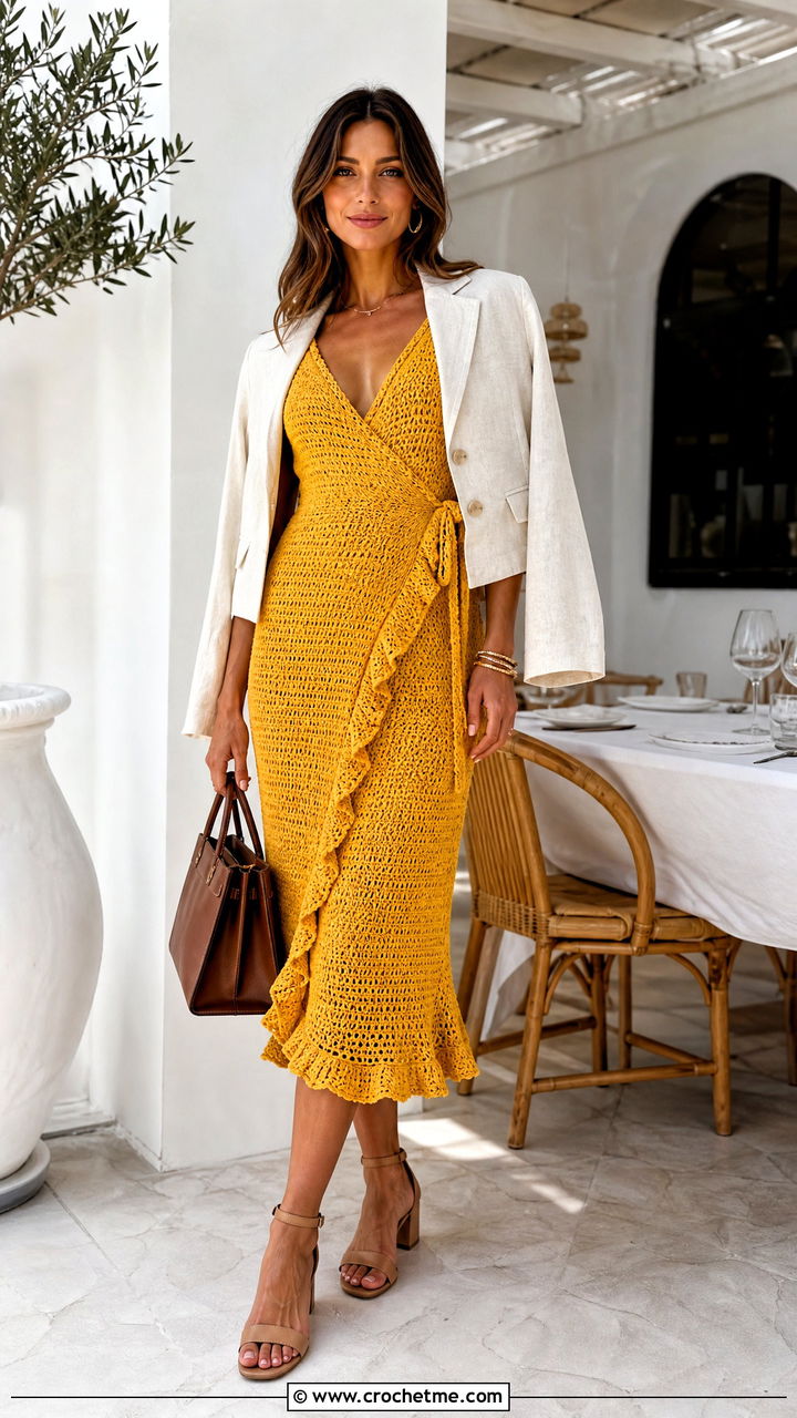 Wrap Crochet Ruffle Dress With Block Heel Sandals - 35 crochet ruffle dress outfit ideas