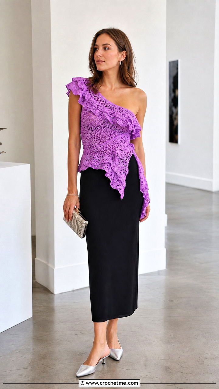 Wrap Crochet Ruffle Top With Column Skirt - 35 crochet ruffle top outfit ideas