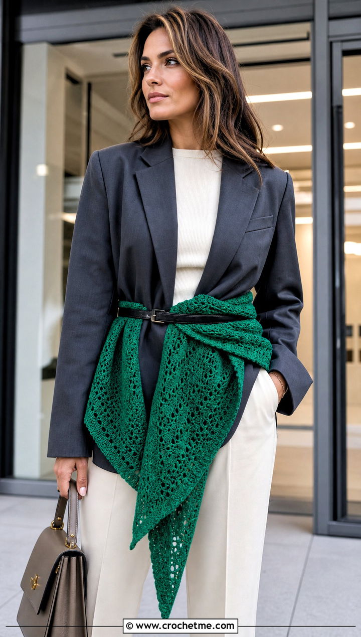 Wrap Crochet Shawl With Belted Blazer - 30 winter crochet shawl outfit ideas