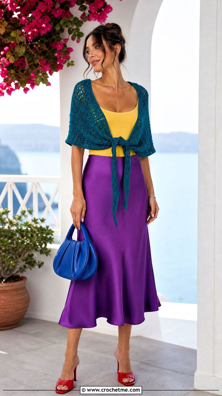 Wrap Crochet Shrug With Bias Cut Skirt - 35 crochet shrug outfit ideas