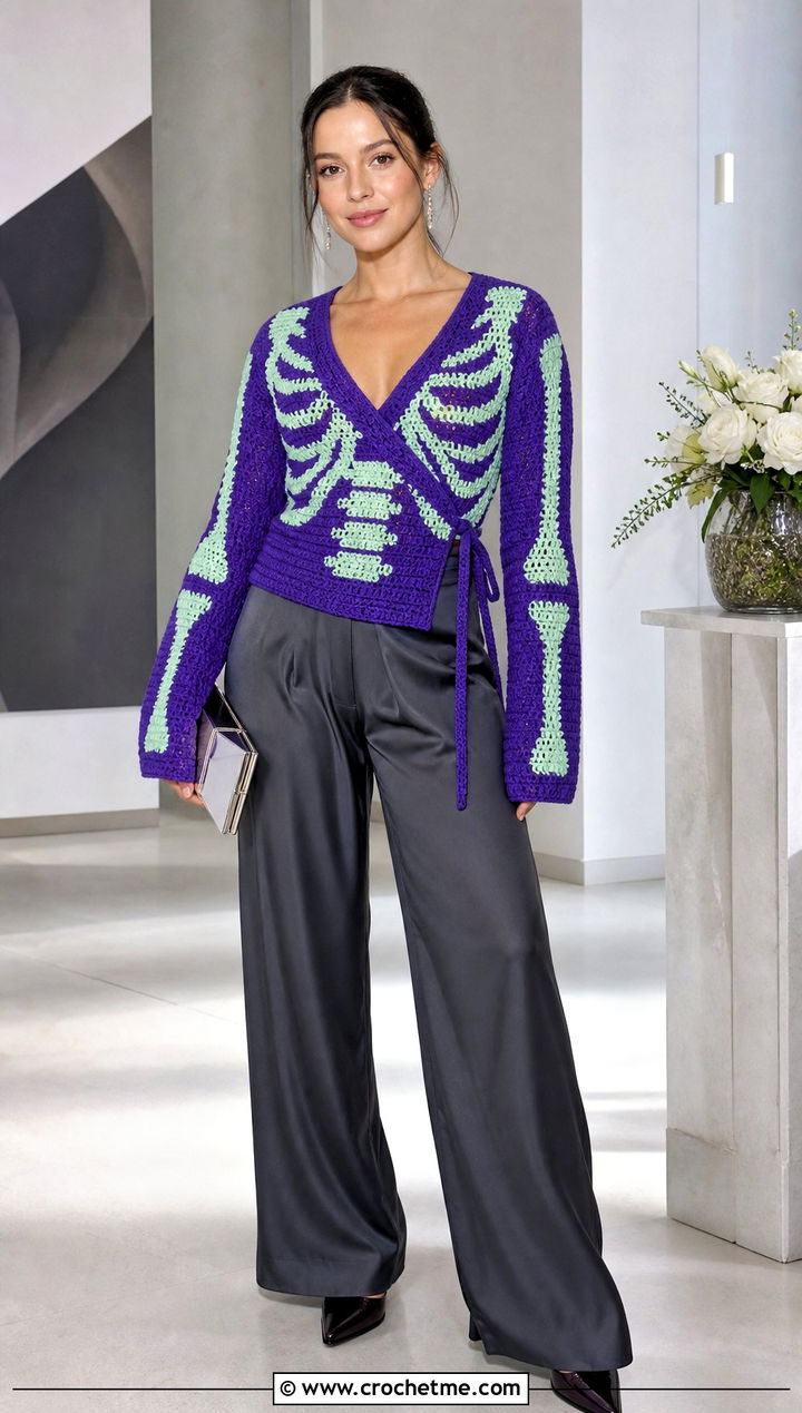 Wrap Crochet Skeleton Sweater With Satin Trousers - 30 Crochet Skeleton Sweater outfit ideas