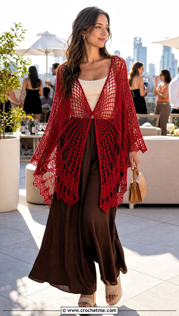 Wrap Crochet Spider Web Cardigan With Palazzo Pants - 25 Crochet Spider Web Cardigan outfit ideas