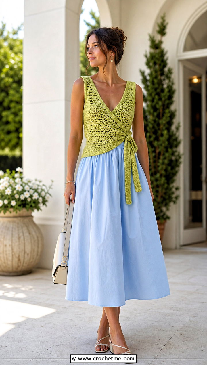 Wrap Crochet Summer Vest With a Poplin Midi Skirt - 35 Crochet Summer Vest outfit ideas