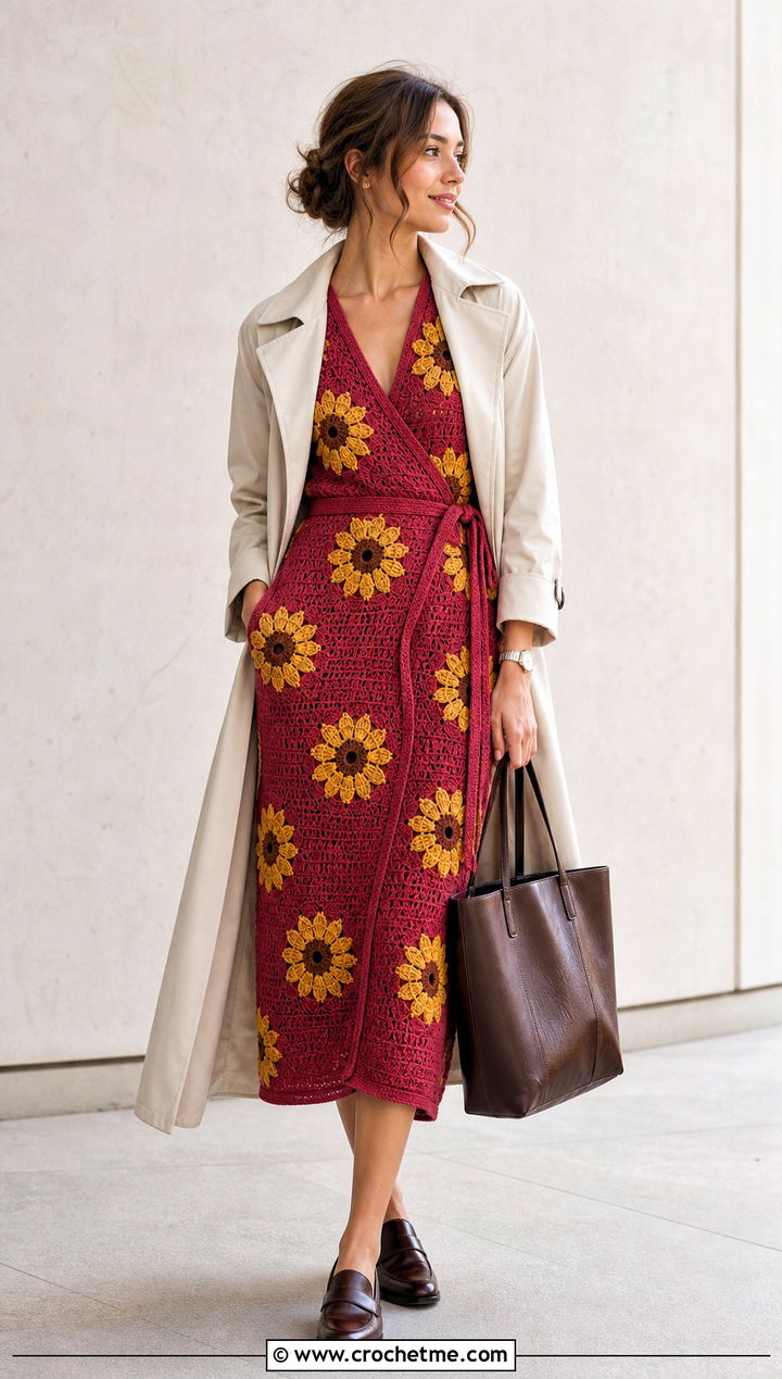Wrap Crochet Sunflower Dress With Loafers - 35 crochet sunflower dress outfit ideas