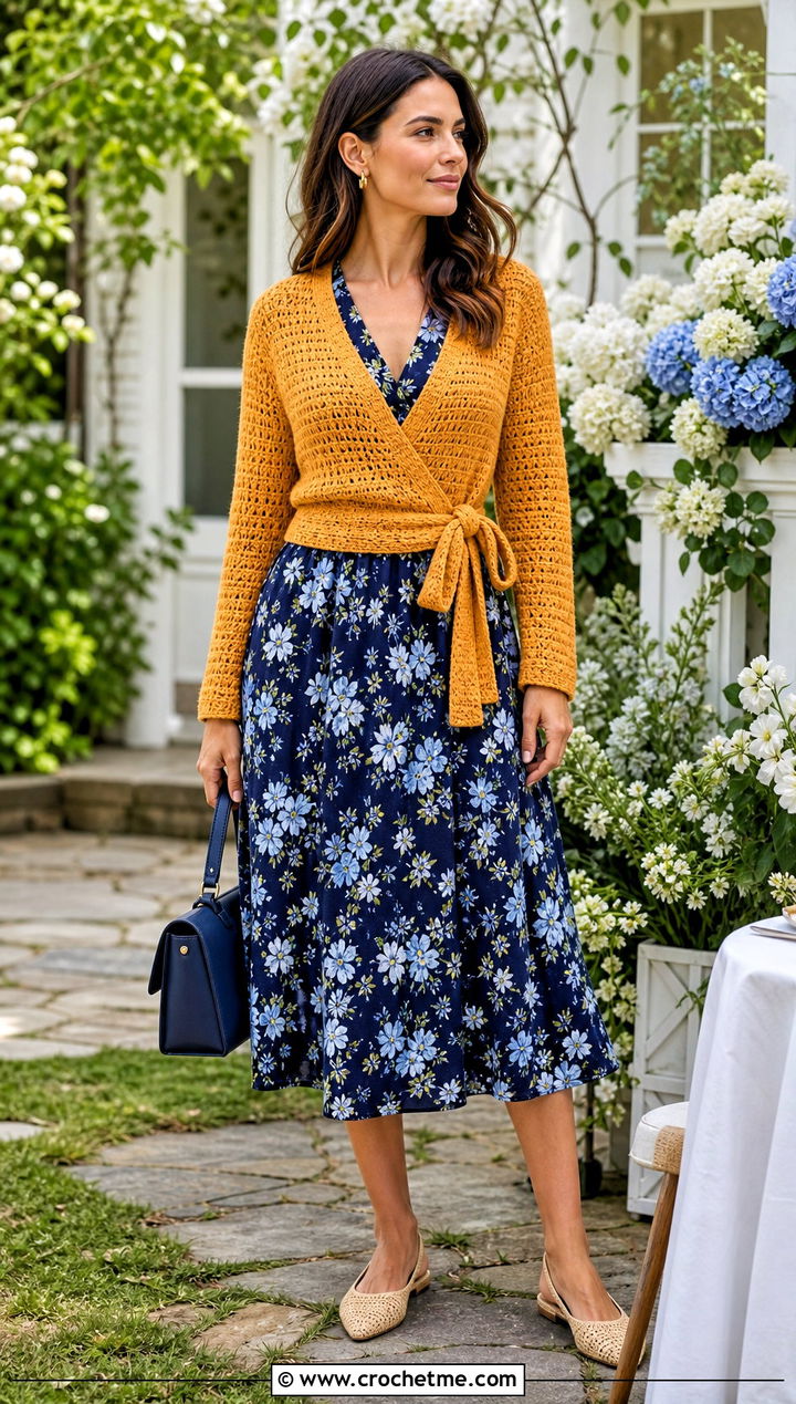 Wrap Crochet Sweater With A Floral Midi Dress - 30 spring crochet sweater outfit ideas