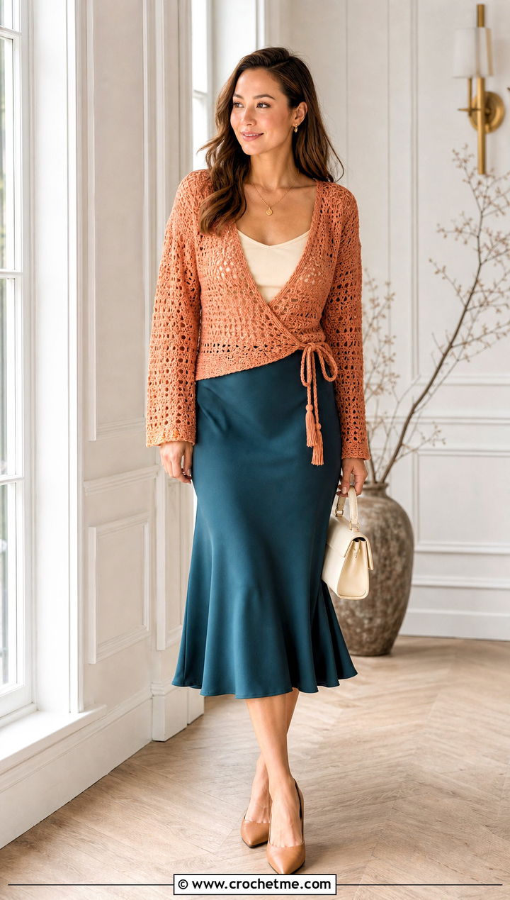 Wrap Crochet Sweater With Bias Cut Midi Skirt - 35 cute crochet sweater outfit ideas