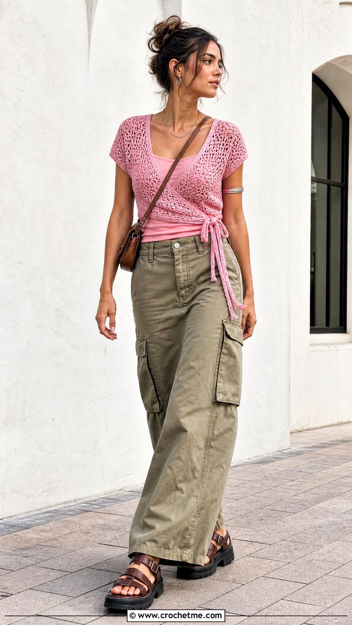 Wrap Crochet Top With Cargo Maxi Skirt - 35 hippie crochet top outfit ideas