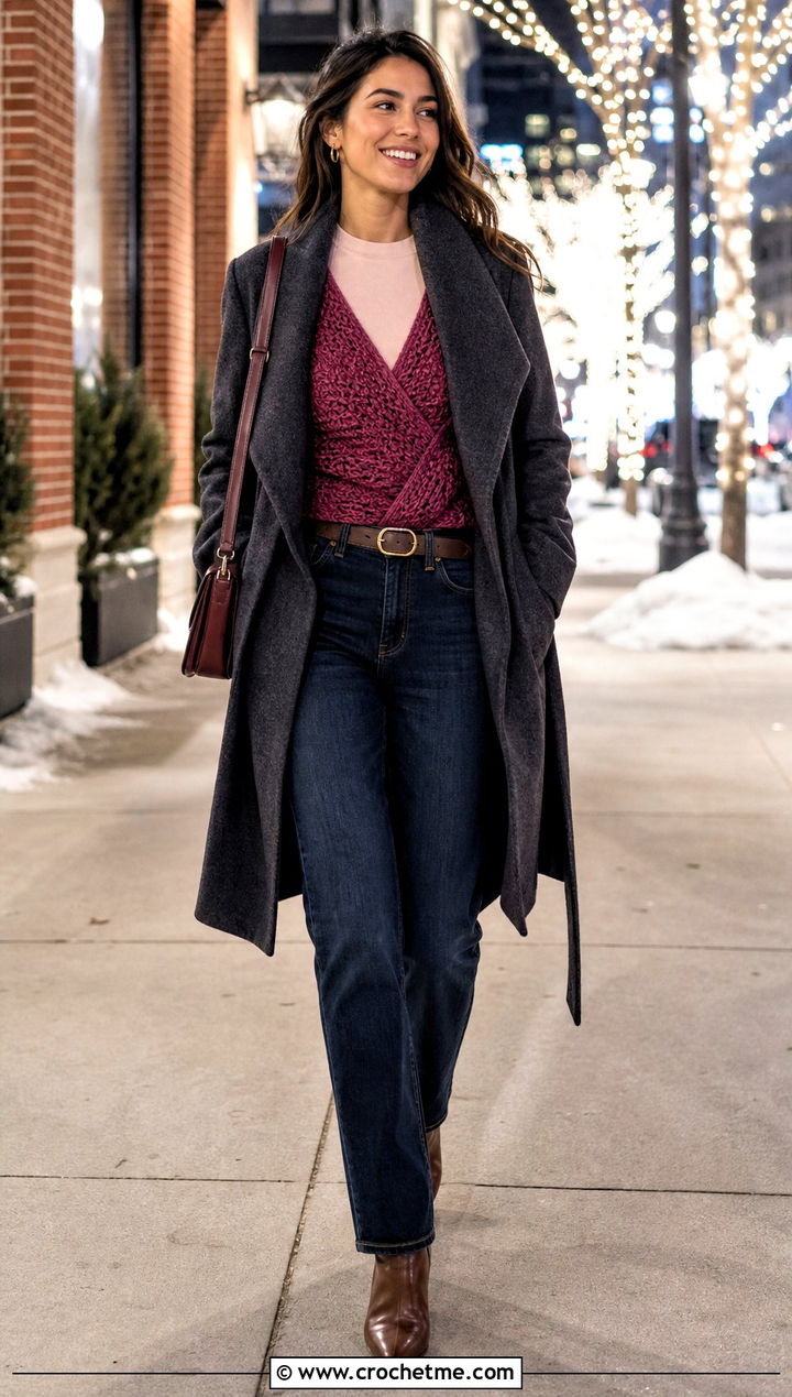 Wrap Crochet Top With Dark Wash Jeans - 35 winter crochet top outfit ideas