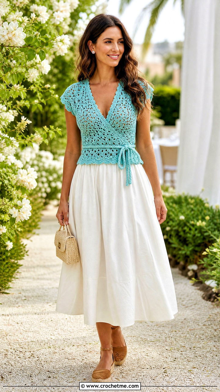 Wrap Crochet Top With Full Midi Skirt - 35 colorful crochet top outfit ideas