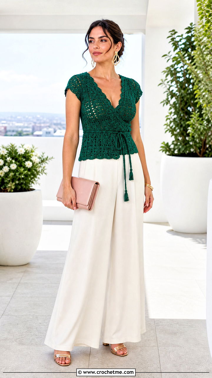 Wrap Crochet Top With Palazzo Pants - 35 simple crochet tops outfit ideas