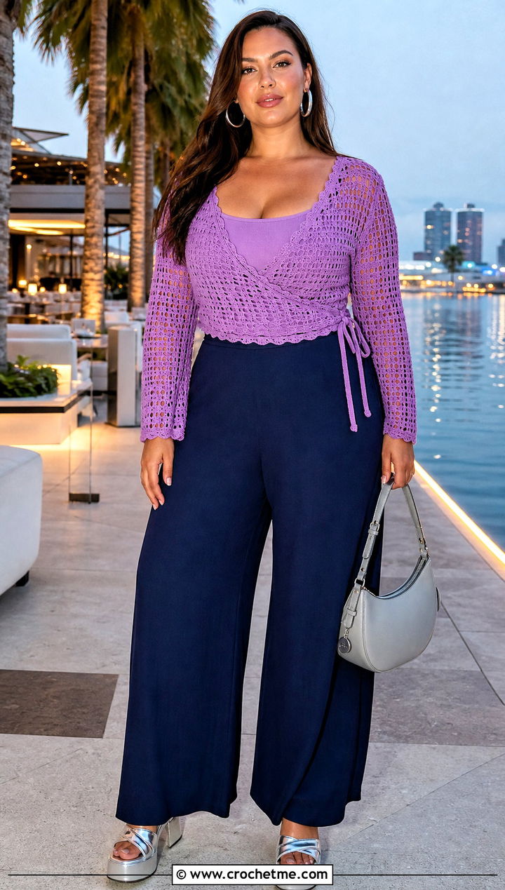 Wrap Crochet Top With Palazzo Pants - 35 aesthetic crochet summer tops outfit ideas