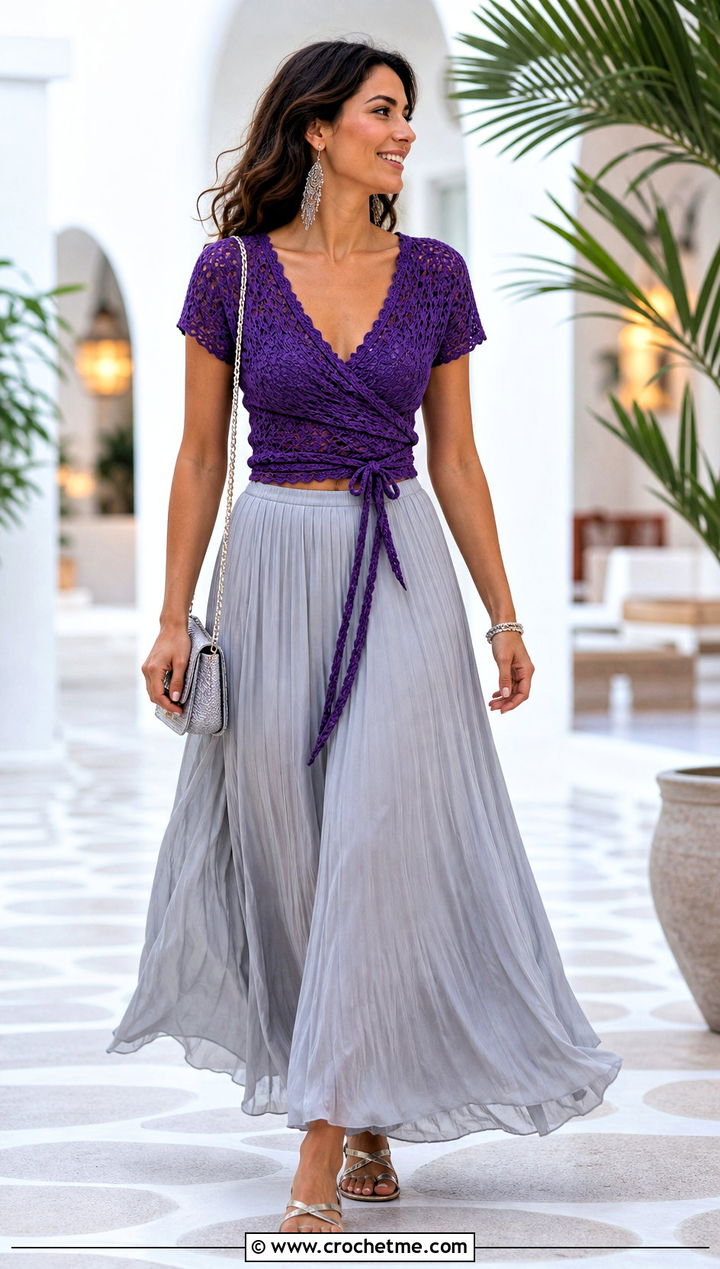 Wrap Crochet Top With Pleated Maxi Skirt - 30 quick crochet top outfit ideas