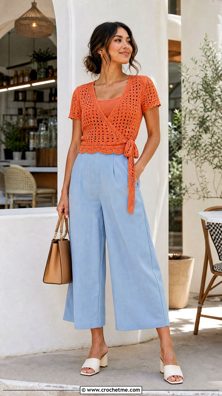 Wrap Crochet Top With Wide Leg Culottes - 35 crochet top outfits ideas