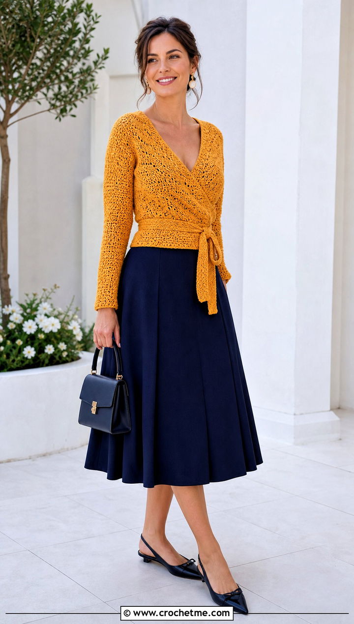 Wrap Crochet V Neck Sweater With A Line Skirt - 25 Crochet Vneck Sweater outfit ideas