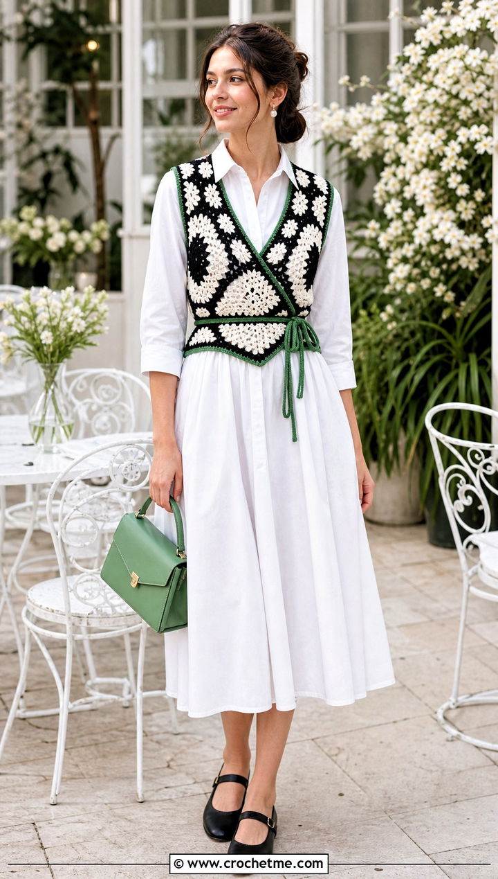 Wrap Crochet Vest With Poplin Dress - 30 black and white crochet vest outfit ideas