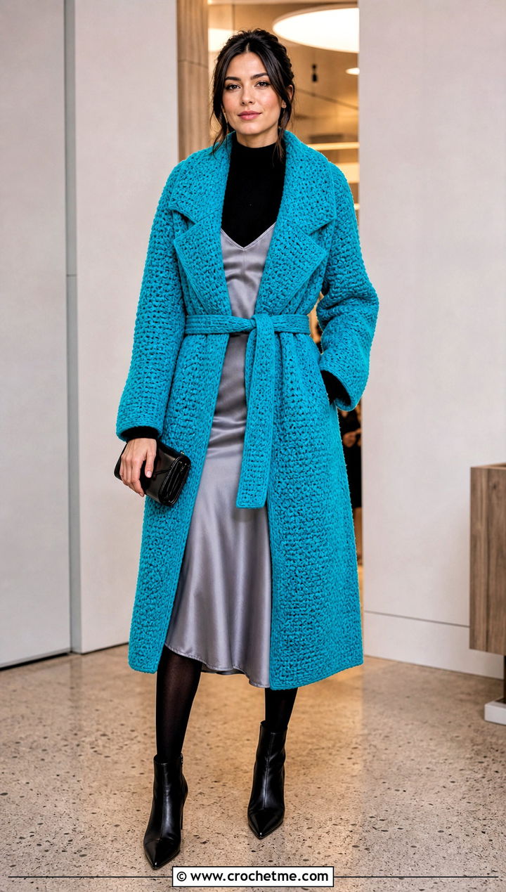 Wrap Crochet Winter Coat With Slip Dress - 20 Crochet Winter Coat outfit ideas