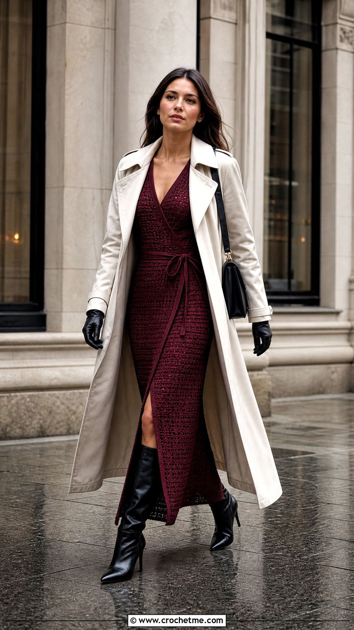 Wrap Crochet Winter Dress With Trench Coat And Heeled Boots - 35 crochet winter dress outfit ideas
