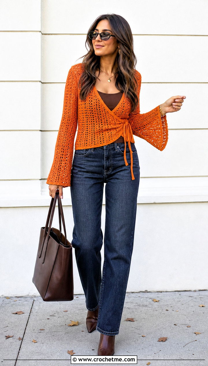 Wrap Flare Sleeve Crochet Top With Straight Leg Jeans - 20 Crochet Top With Flare Sleeves outfit ideas