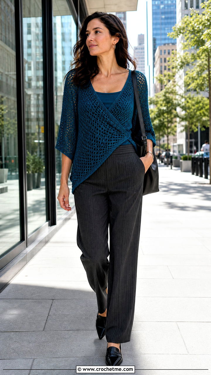 Wrap Front Crochet Asymmetrical Top With Pinstripe Trousers - 35 crochet asymmetrical top outfit ideas