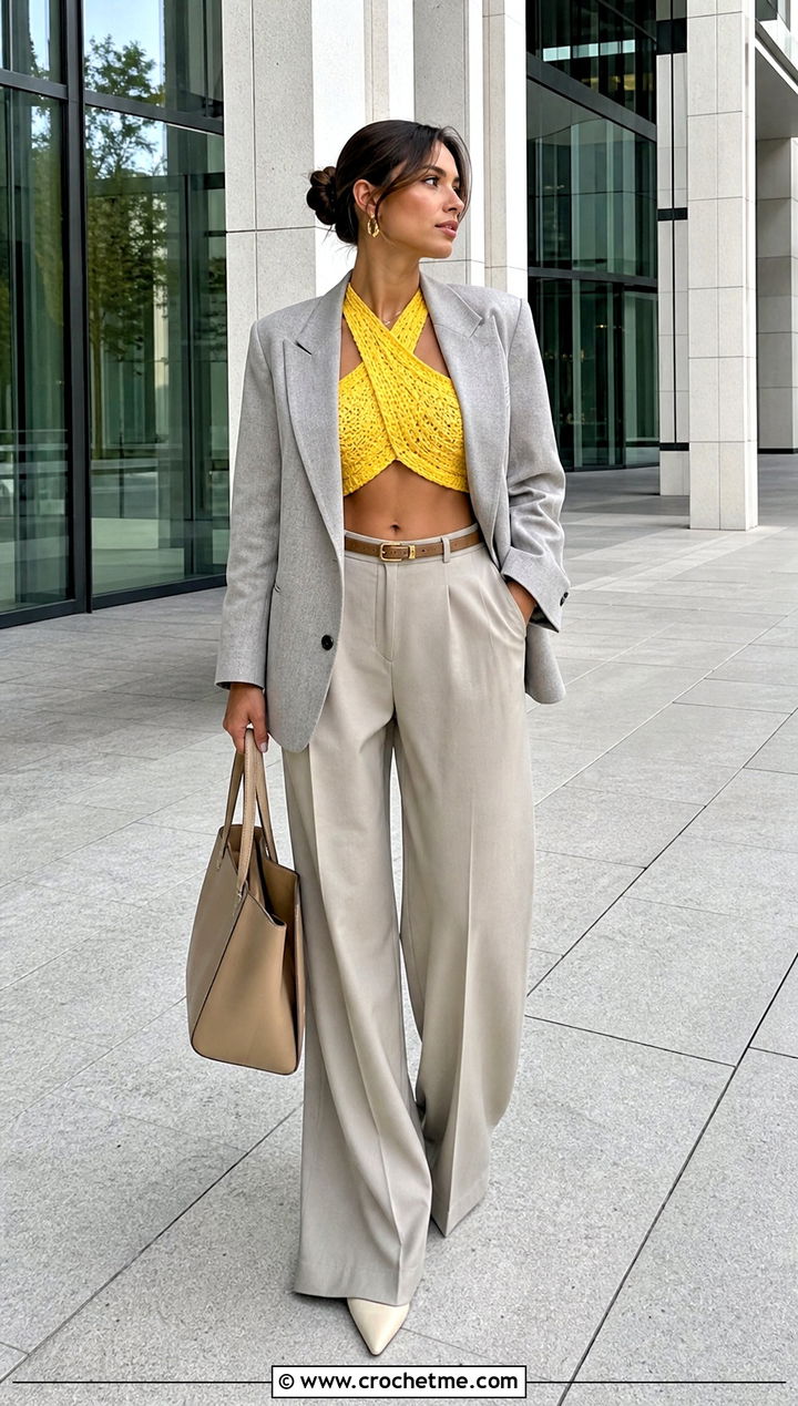 Wrap Front Crochet Cross Top With Tailored Trousers - 20 Crochet Cross Top outfit ideas