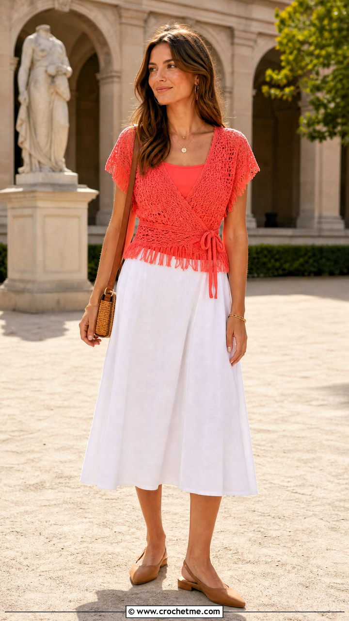 Wrap Front Crochet Fringe Top With A Line Skirt - 35 Crochet Fringe Top outfit ideas