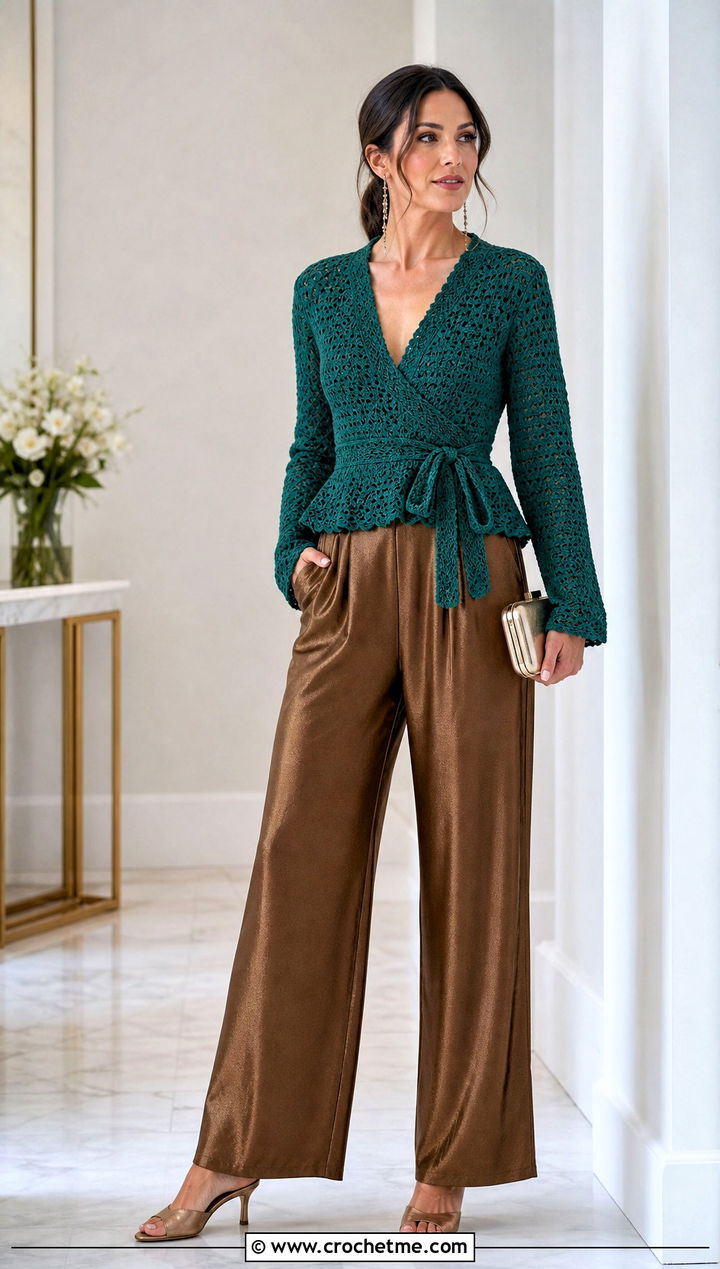 Wrap Front Crochet Peplum Cardigan With Wide Leg Satin Pants - 25 Crochet Peplum Cardigan outfit ideas