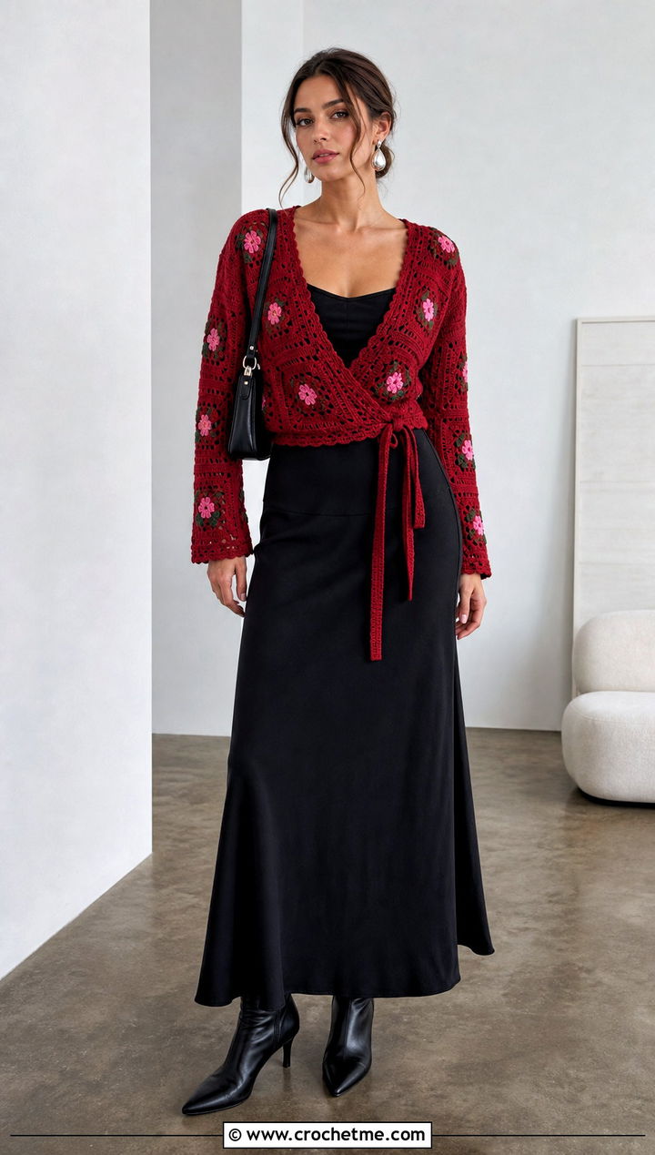 Wrap Front Granny Square Bolero With Black Maxi Skirt - 35 granny square bolero outfit ideas