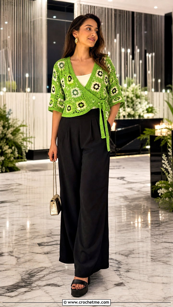 Wrap Front Granny Square Shirt With Palazzo Pants - 35 granny square shirt outfit ideas