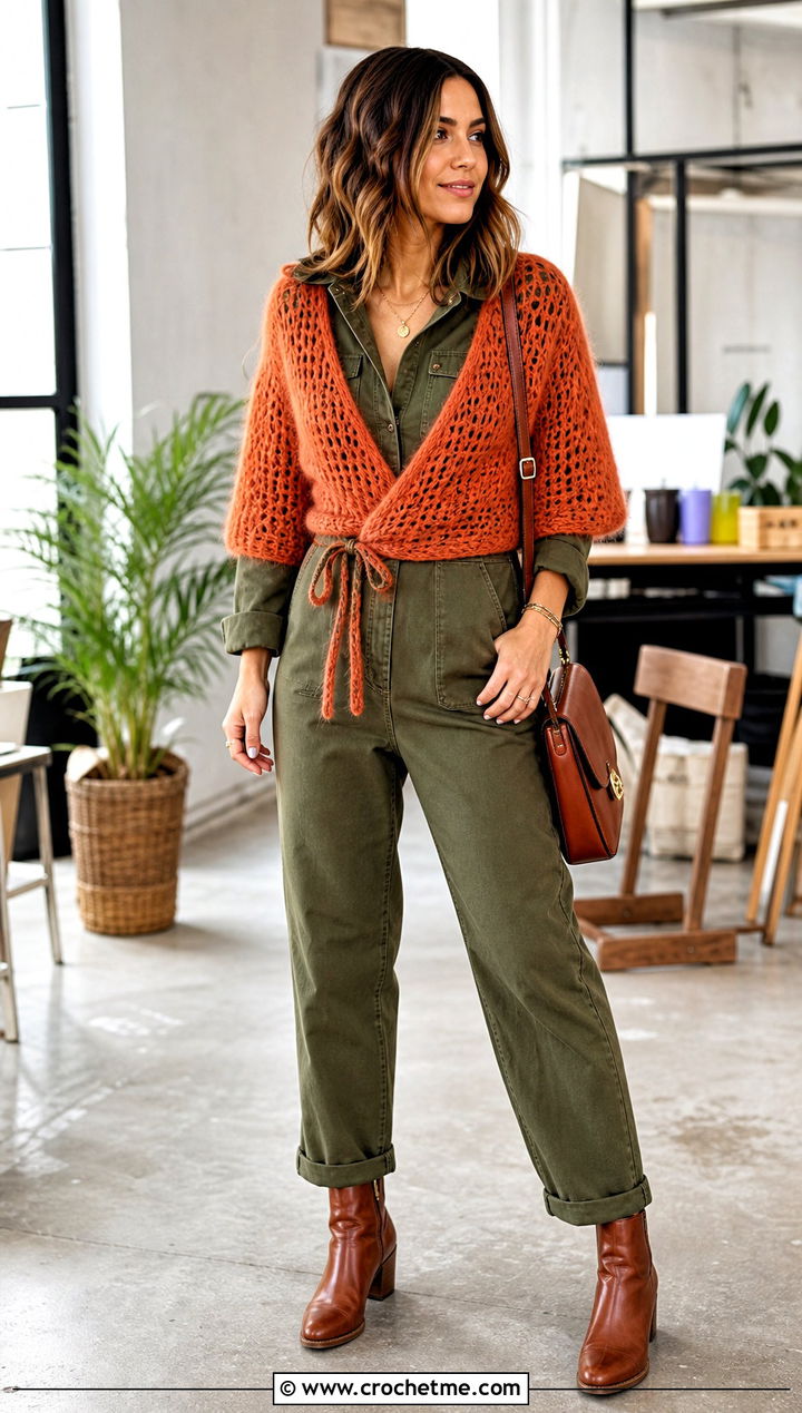 Wrap Front Mohair Crochet Shrug With Utility Jumpsuit - 25 mohair crochet shrug outfit ideas