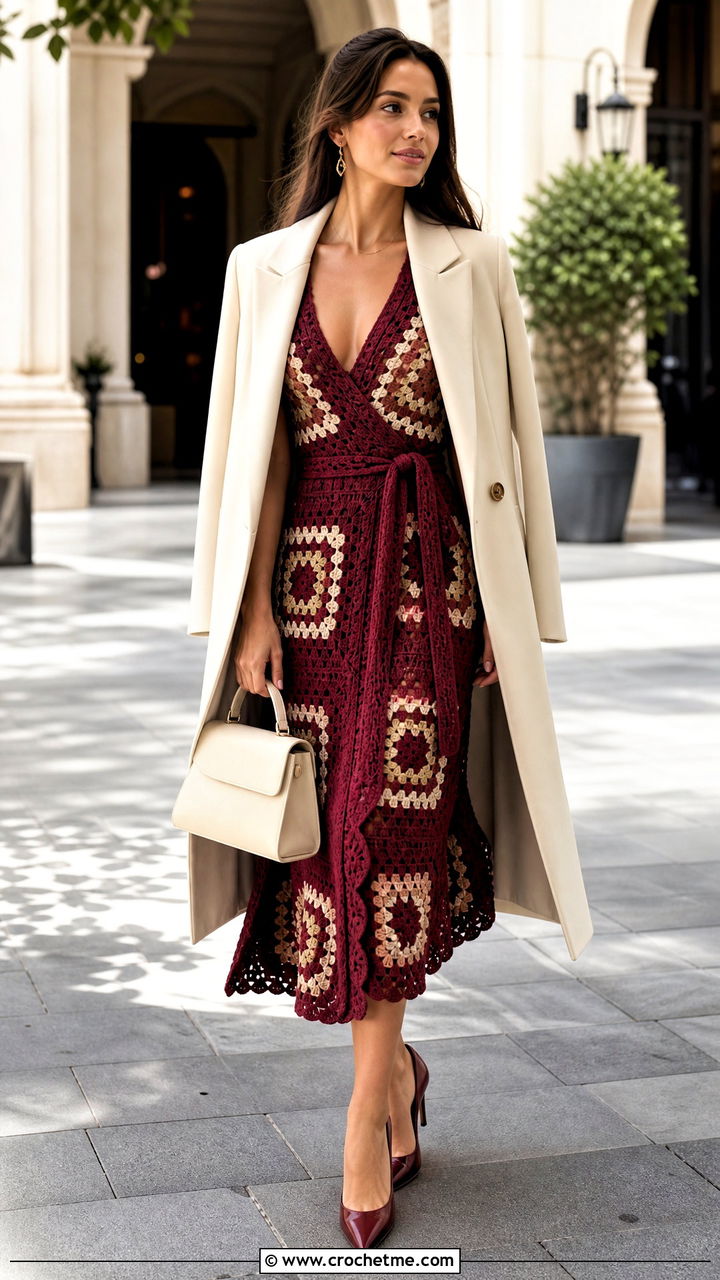 Wrap Granny Square Dress With Longline Coat And Pumps - 35 granny square dress outfit ideas