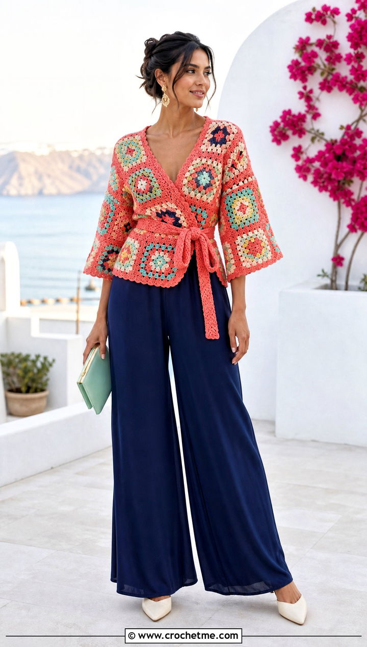 Wrap Granny Square Top With Palazzo Pants - 35 granny squares top outfit ideas