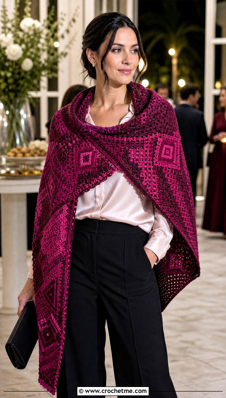 Wrap Mosaic Crochet Scarf With Satin Blouse - 25 Mosaic Crochet Scarf outfit ideas