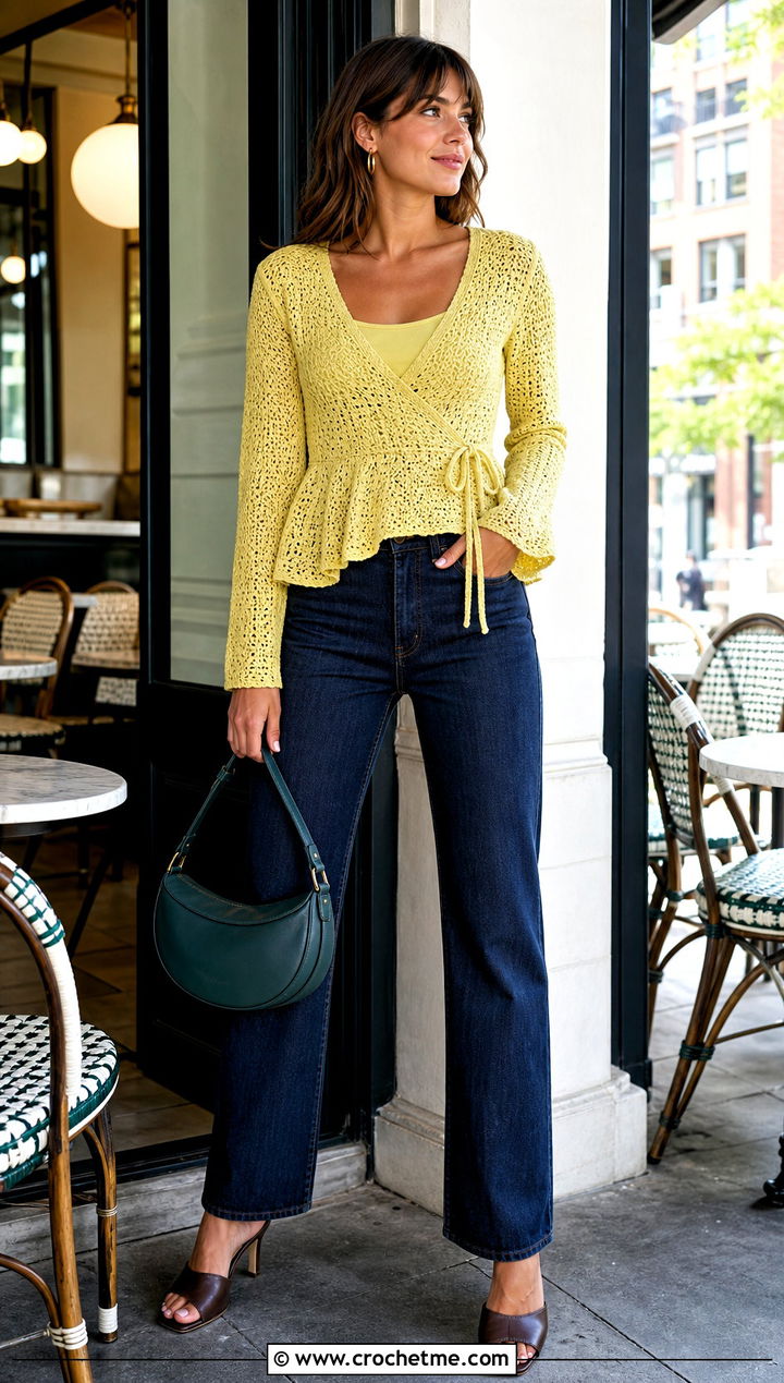 Wrap Peplum Crochet Top With Straight Leg Jeans - 35 peplum crochet top outfit ideas