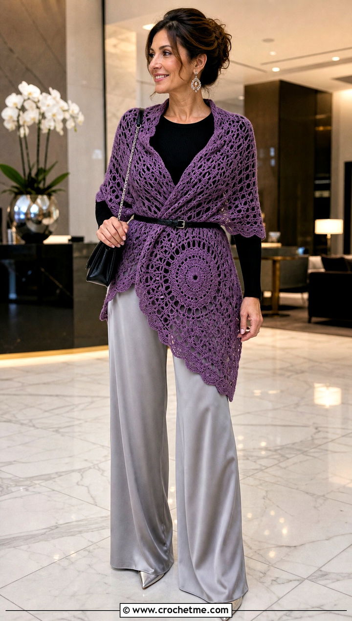 Wrap Style Crochet Mandala Shawl With Satin Pants - 25 Crochet Mandala Shawl outfit ideas