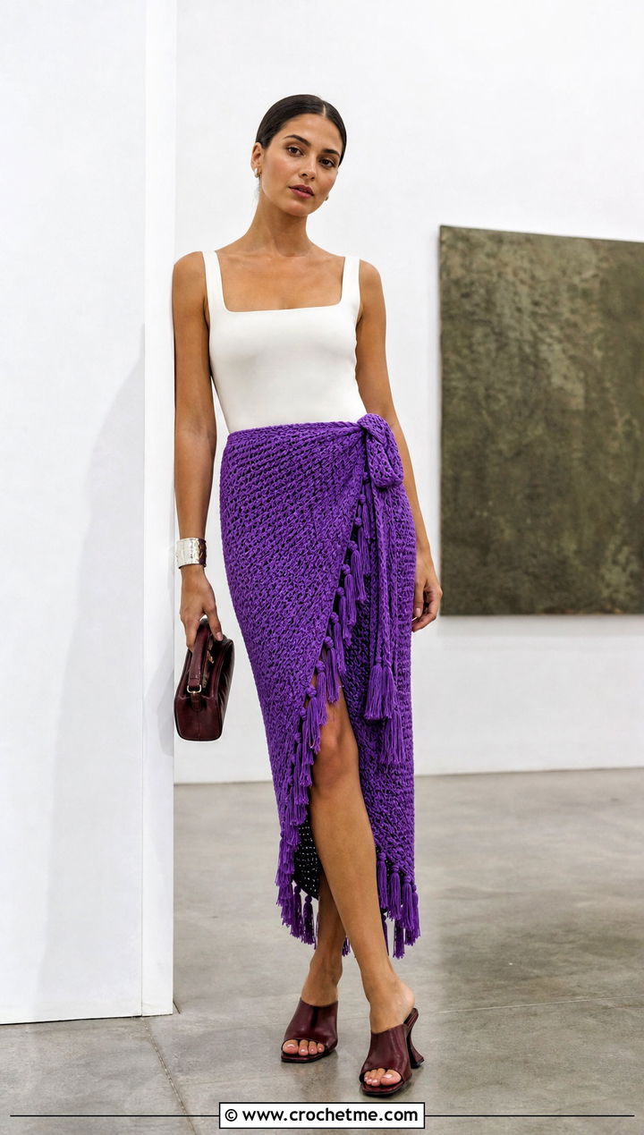 Wrap Tassel Crochet Skirt With Sleek Bodysuit - 30 crochet skirt with tassels outfit ideas