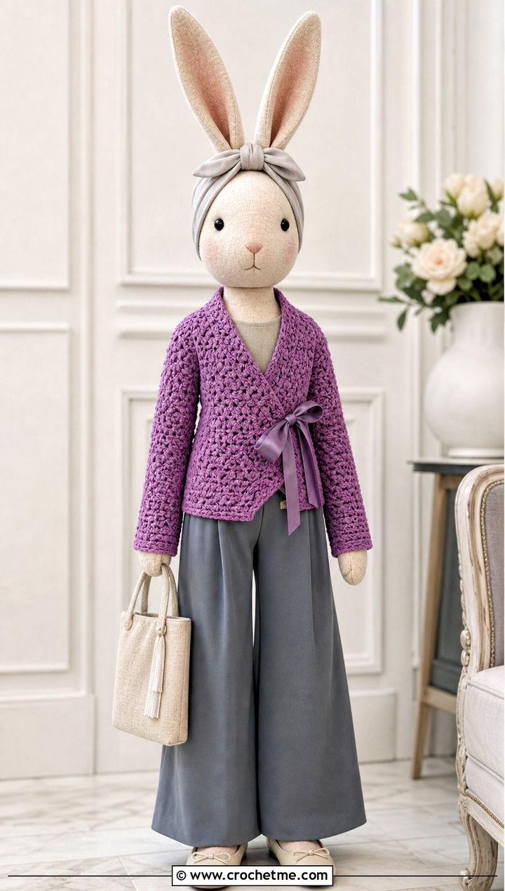 Wrap Toy Cardigan With Wide Leg Pants - 25 Crochet Sweater For Toy outfit ideas