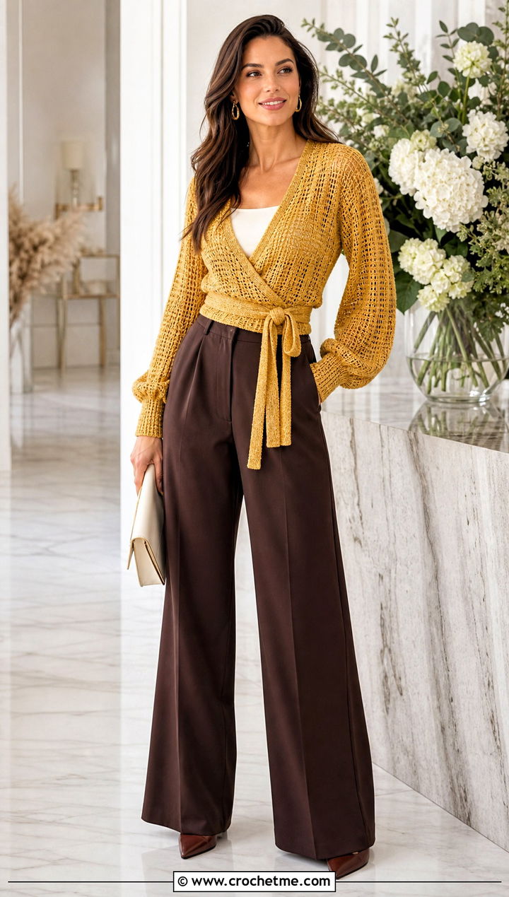 Wrap Velvet Crochet Sweater With Wide Leg Trousers - 30 velvet crochet sweater outfit ideas