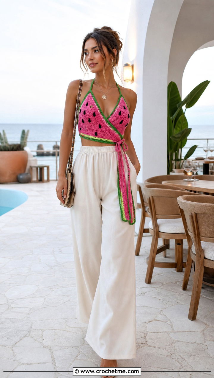 Wrap Watermelon Crochet Top With Palazzo Pants - 30 watermelon crochet top outfit ideas