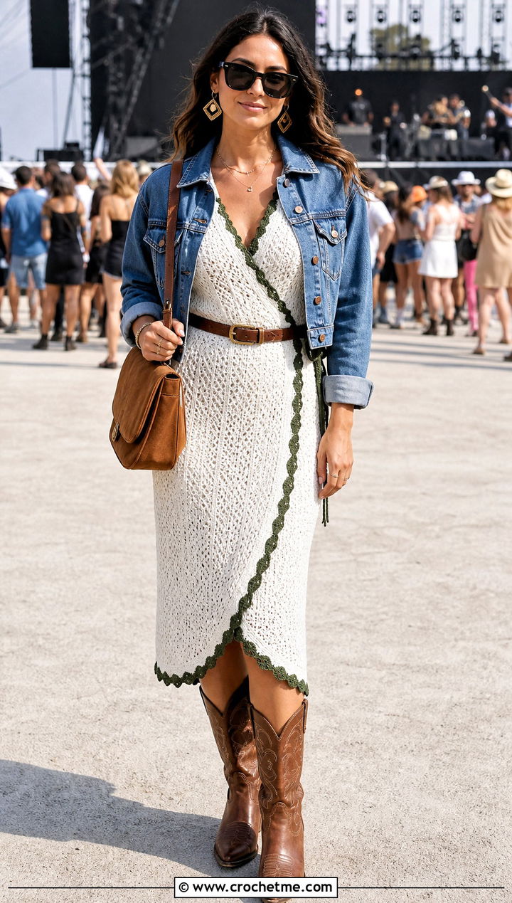 Wrap White Crochet Midi Dress With Western Boots - 20 White Crochet Midi Dress outfit ideas