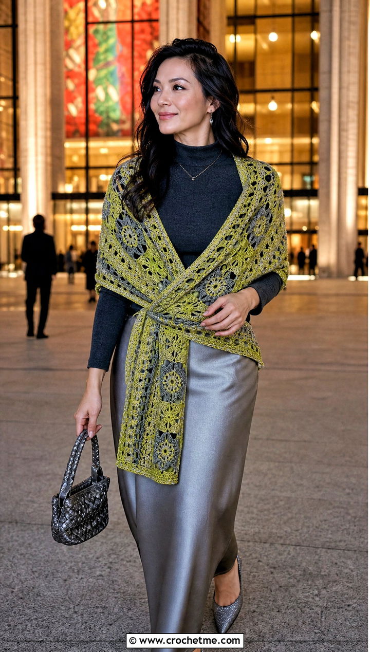 Wraparound Mosaic Crochet Shawl With Slip Skirt - 30 mosaic crochet shawl outfit ideas