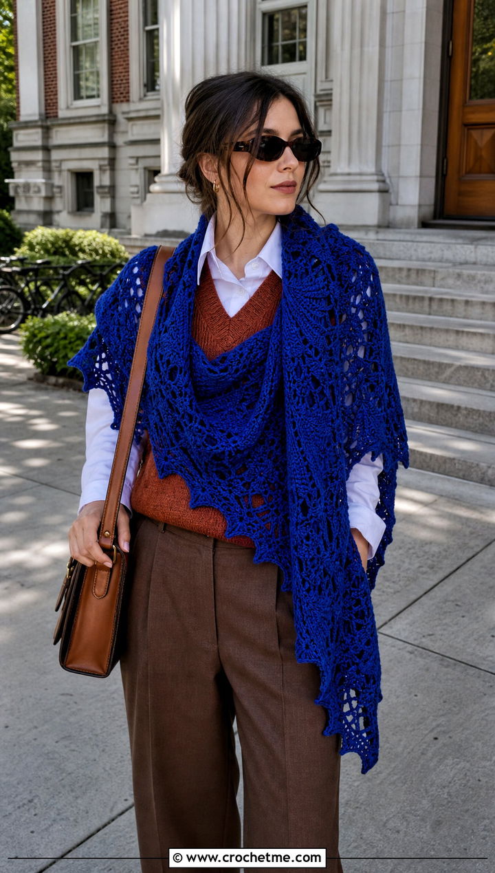 Wraparound Spiderweb Crochet Shawl With Sweater Vest - 30 spiderweb crochet shawl outfit ideas