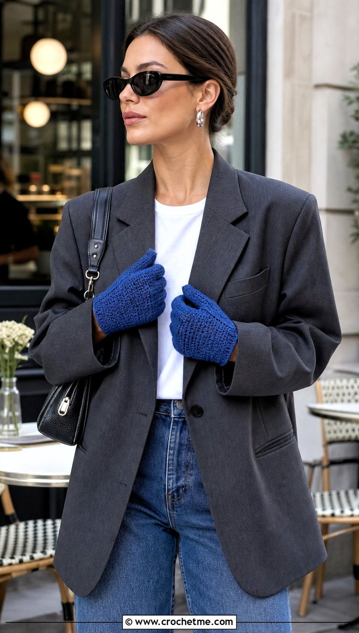 Wrist Length Crochet Driving Gloves With Jeans And Blazer - 25 Crochet Driving Gloves outfit ideas