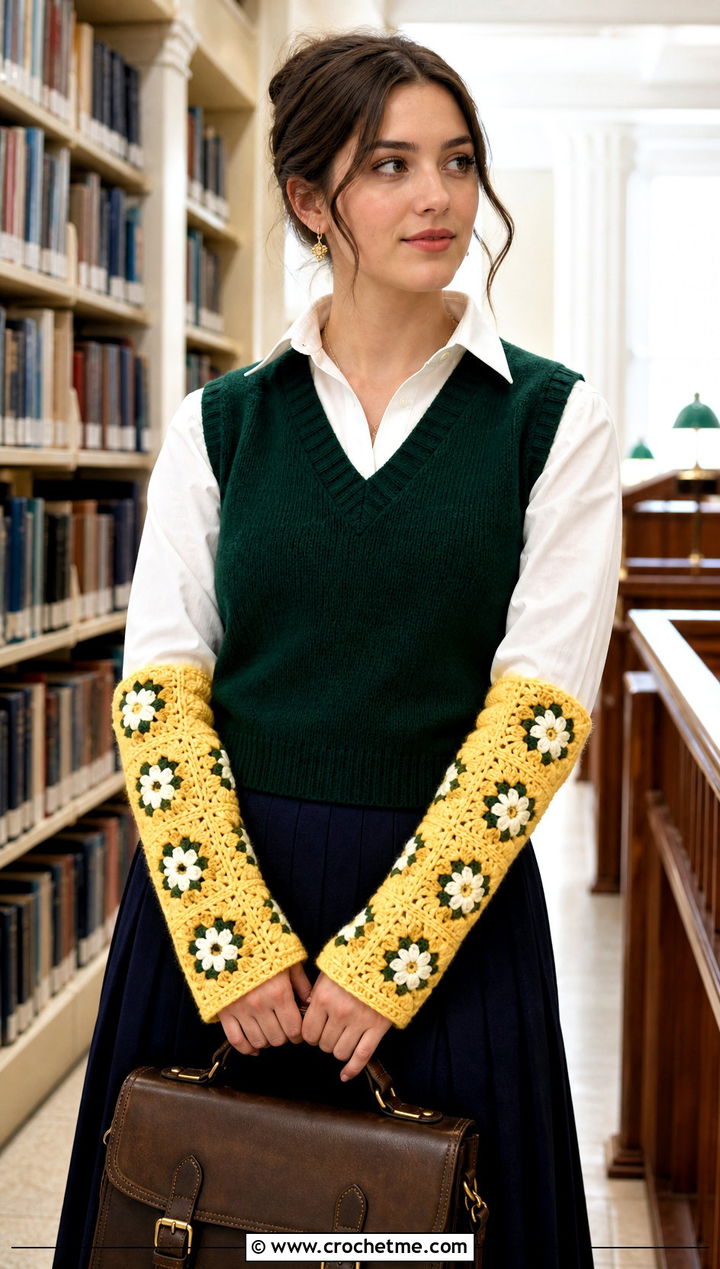 Wrist Length Granny Square Arm Warmers With Sweater Vest And Pleated Skirt - 25 Granny Square Arm Warmers outfit ideas
