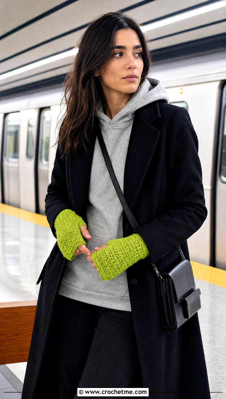 Wrist Warmer Crochet Mittens With Hoodie and Tailored Coat - 25 Simple Crochet Mittens outfit ideas