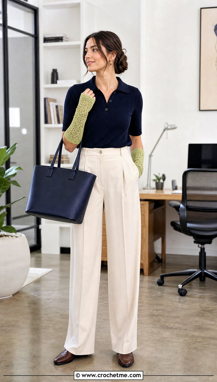 Wrist Warmer Crochet Mittens With Knit Polo And Pleated Pants - 35 easy crochet mittens for beginners outfit ideas